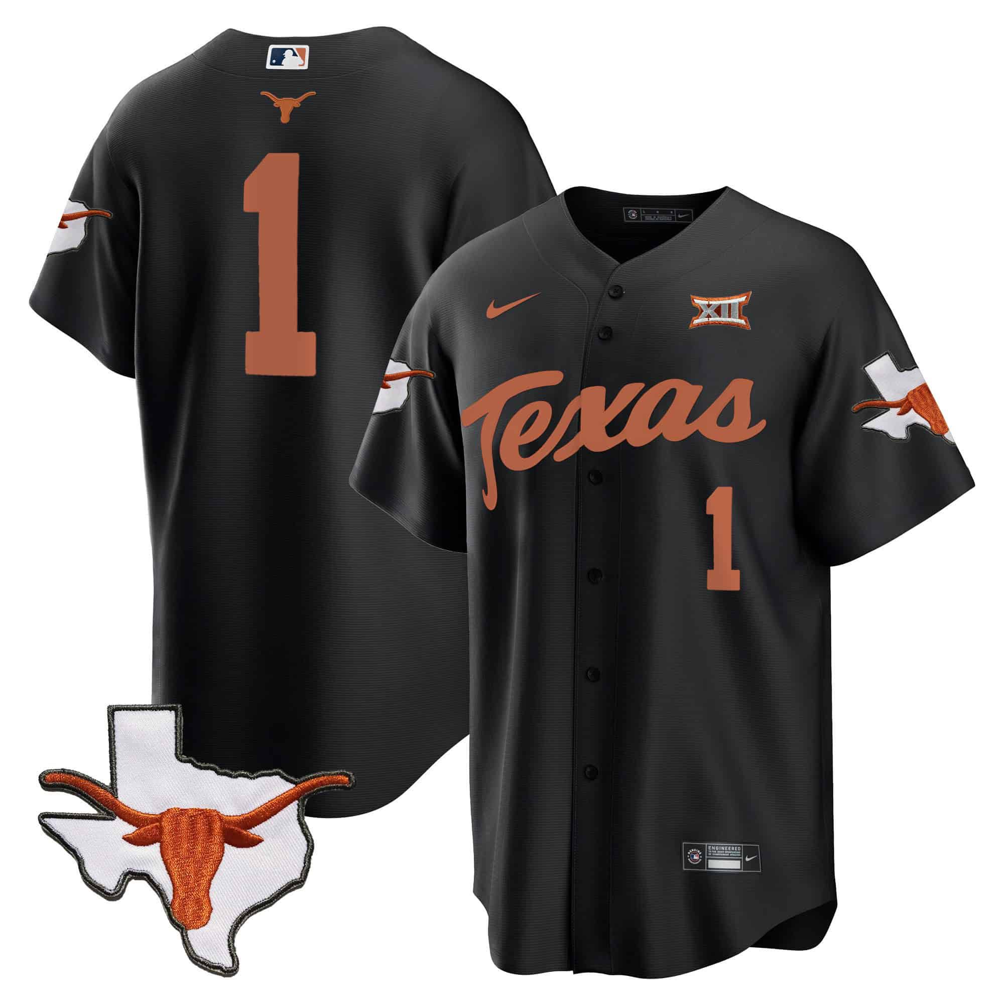 Men Texas Longhorns #1 No Name Black 2024 Baseball NCAA Jersey
